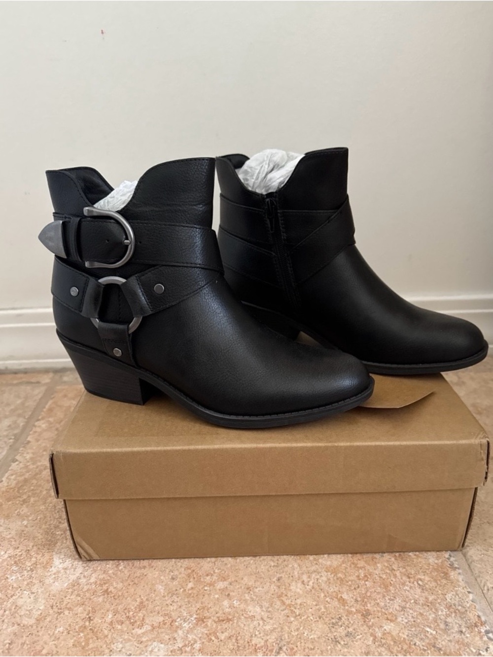 Frye Black Leather Ankle Boots with Buckle Strap